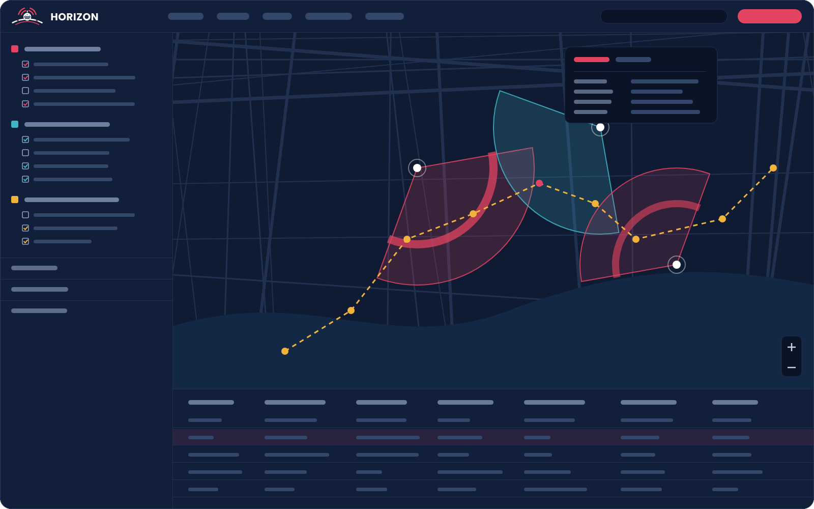 Illustration of the Horizon workspace: a records tree, a map with cell sectors and timing-advance arcs, and a records table